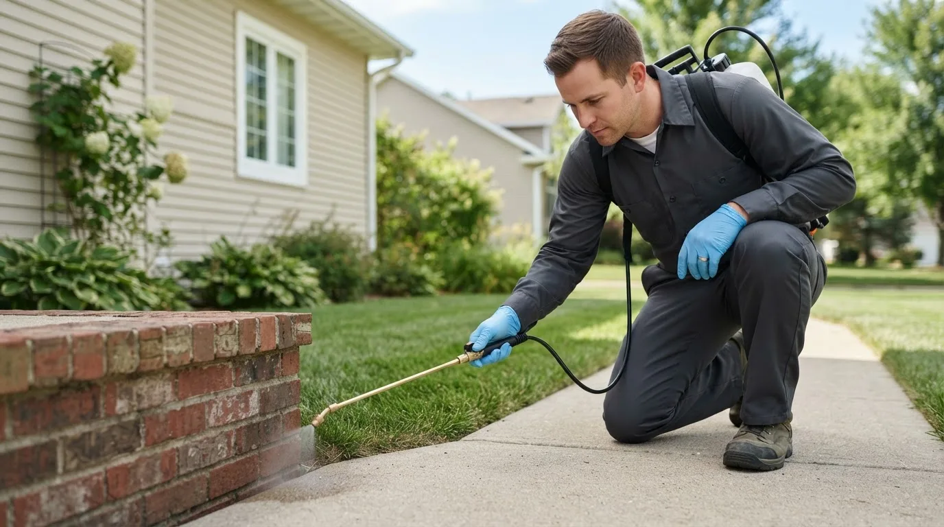 Pest control technician treating a home near Speedway, IN